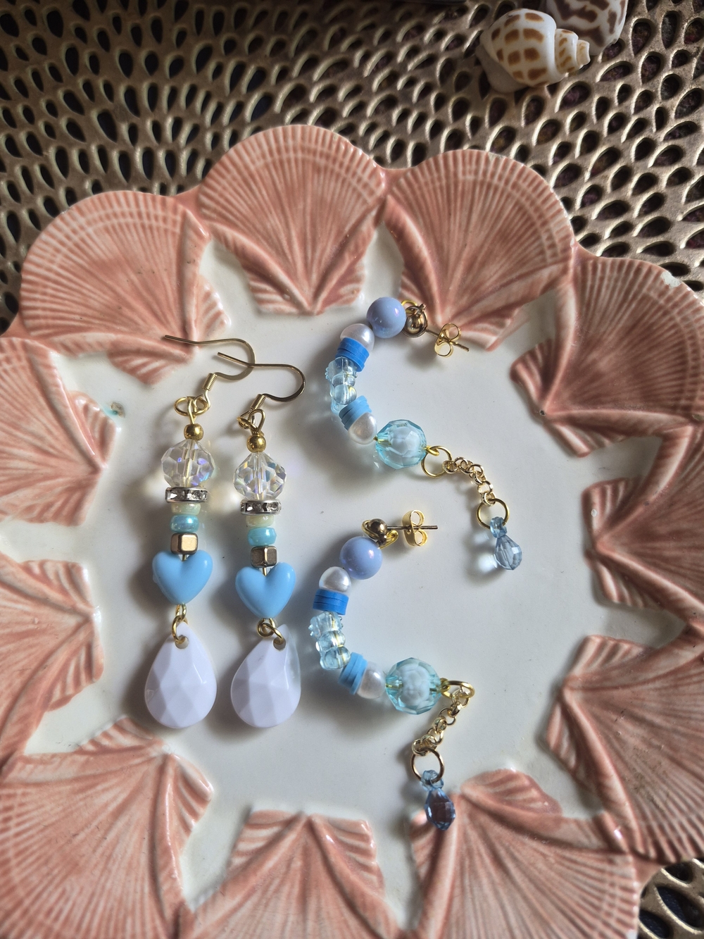 Blue Heart & Teardrop Beaded Earrings with Gold Accents